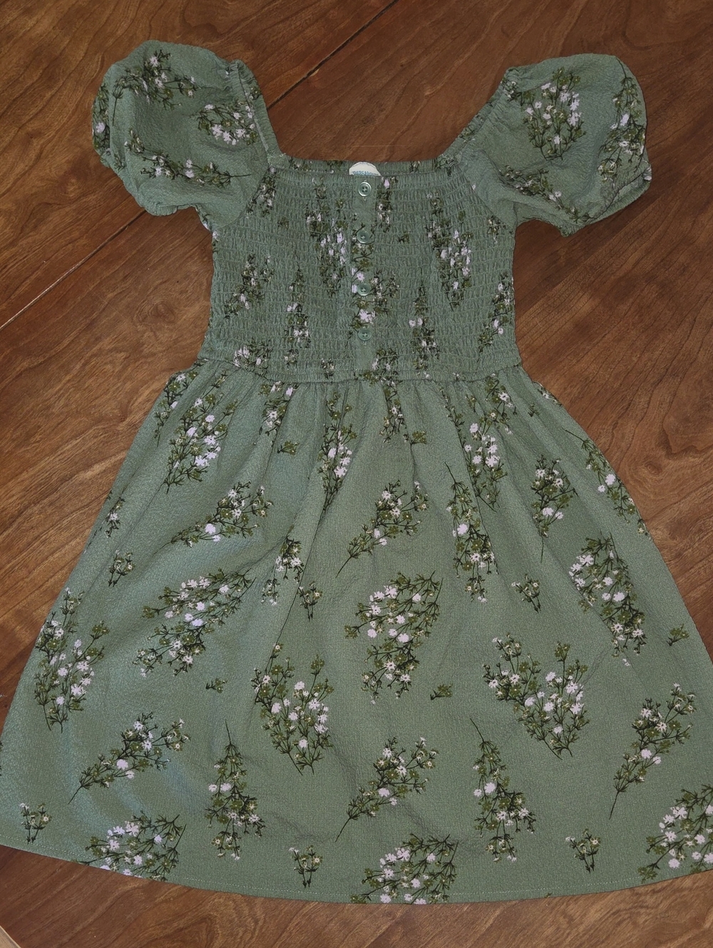 Smocked Puff-Sleeve Floral Dress for Kids - Sage Green